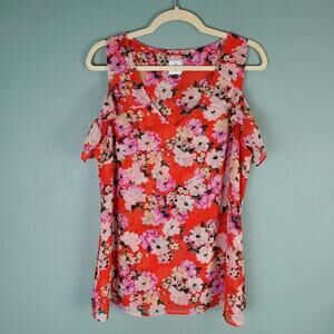 Cabi Orange Lush Cold Shoulder Floral Print Blouse Size Medium Hibiscus Red Boho